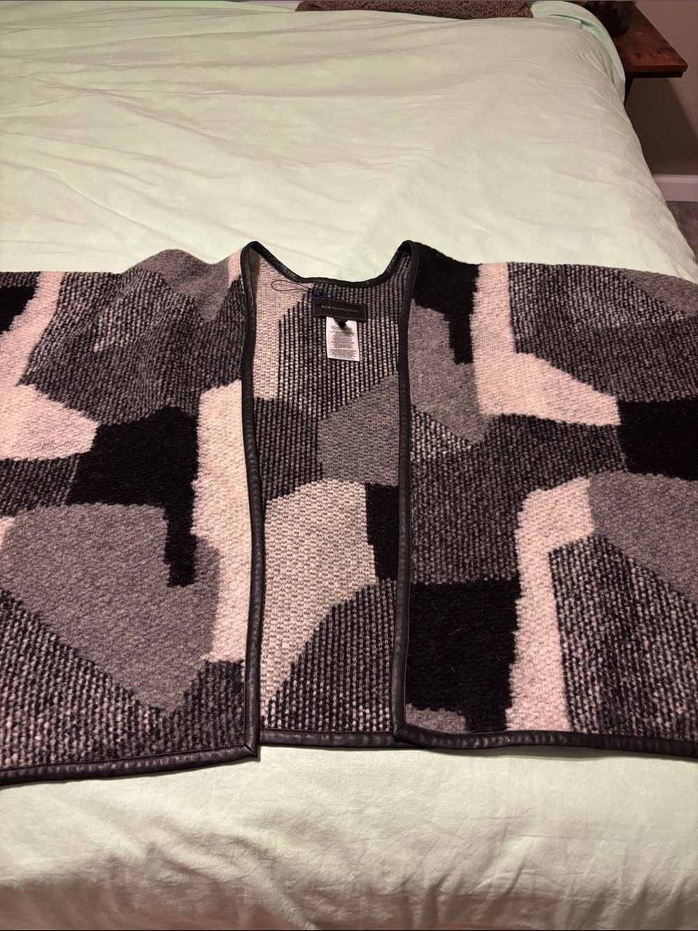 BCBGMaxAzria Geometric Open-Front Knit poncho in Black, Light Gray, Dark Gray